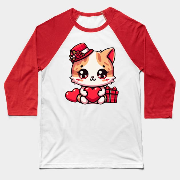 Valentine's Day Cute Cat Kitten With Hearts Baseball T-Shirt by Figurely creative